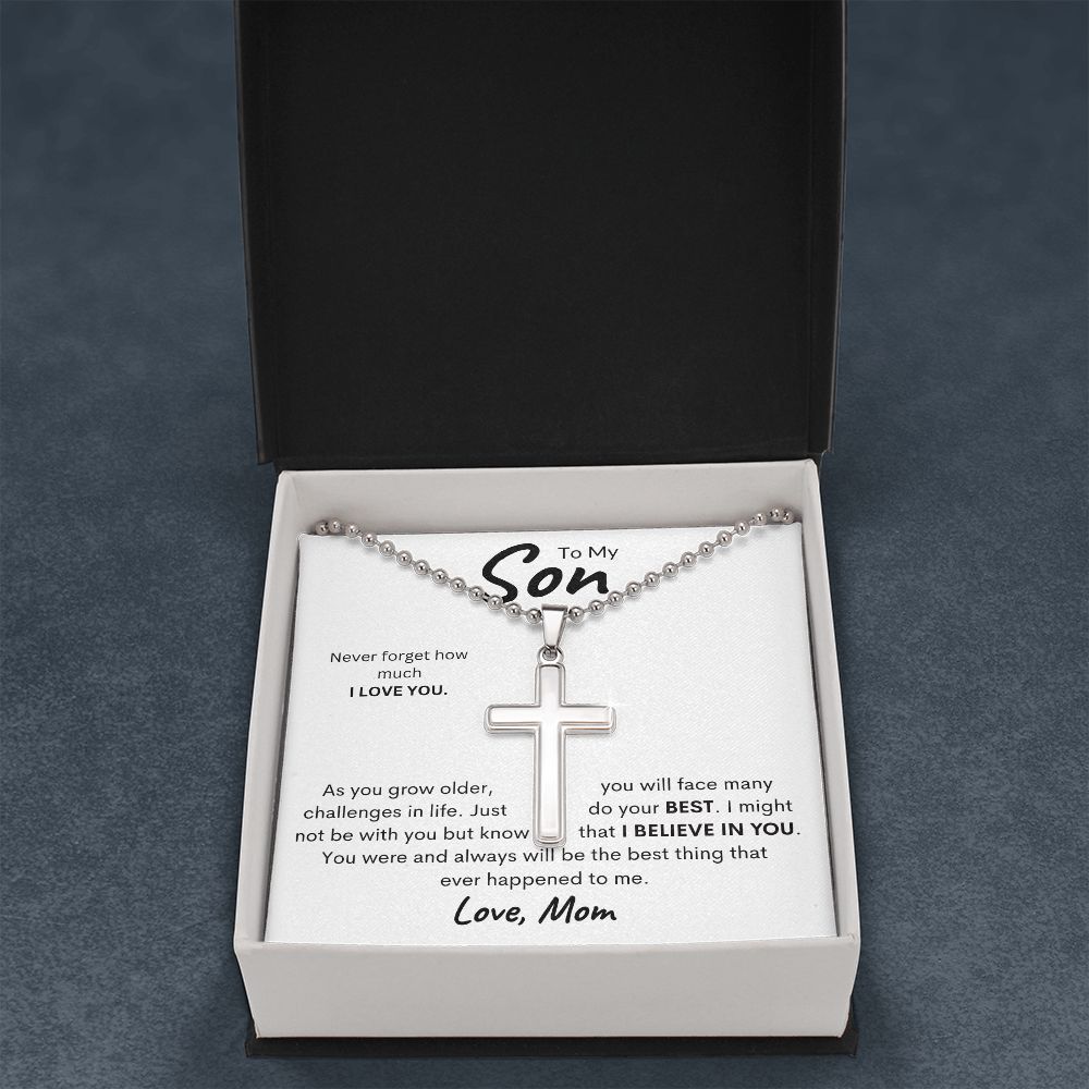 To My Son Love Mom Ball Chain Cross Necklace