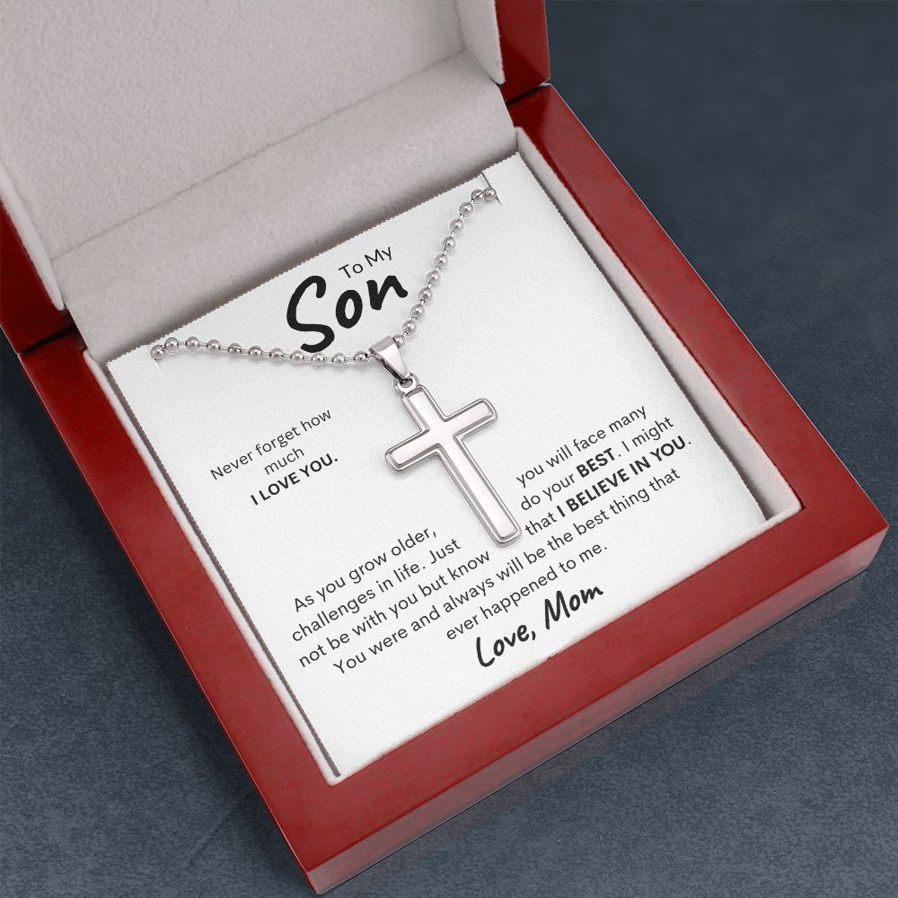 To My Son Love Mom Ball Chain Cross Necklace